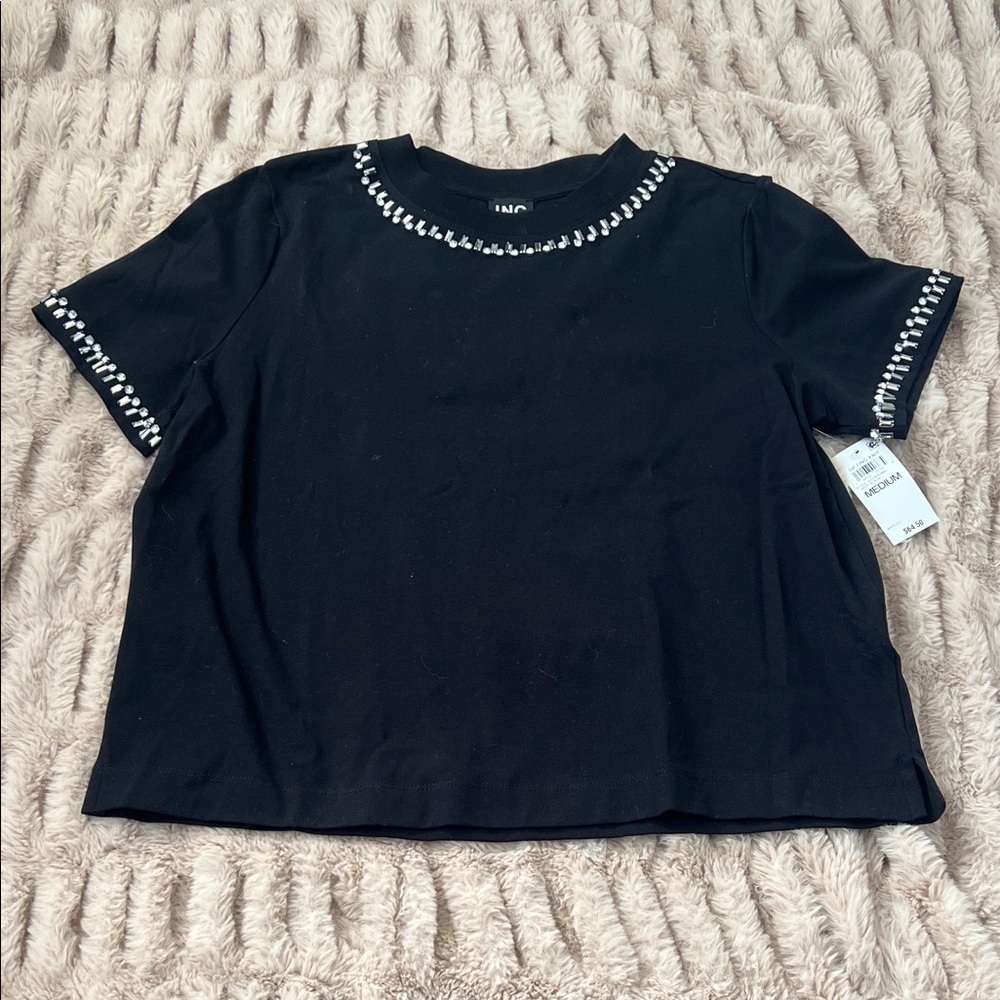 NWT INC Black Rhinestone Trim Short Sleeve Top Size Medium Dressy